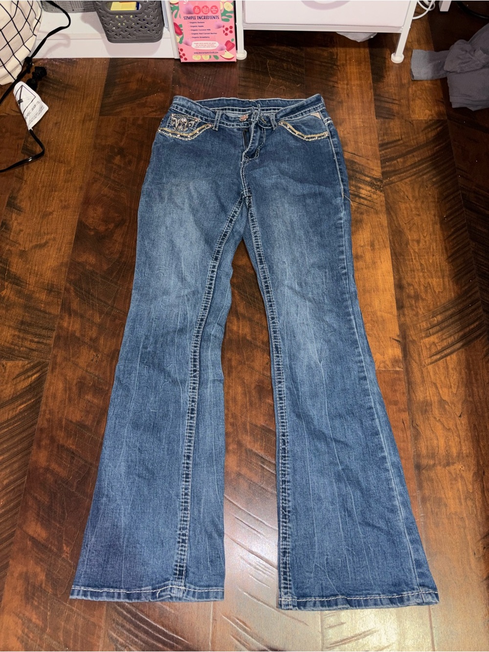 Women's Blue Flared Jeans - Embellished Pocket Detail